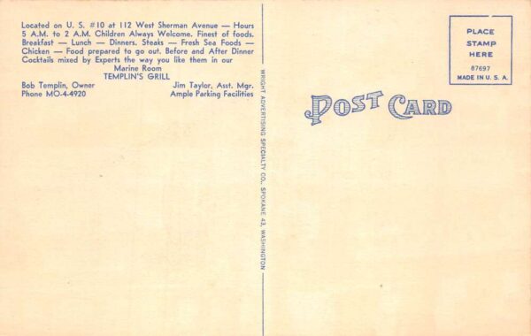 Coeur d'Alene Idaho Templin's Grill Vintage Postcard AA65341 - Image 2