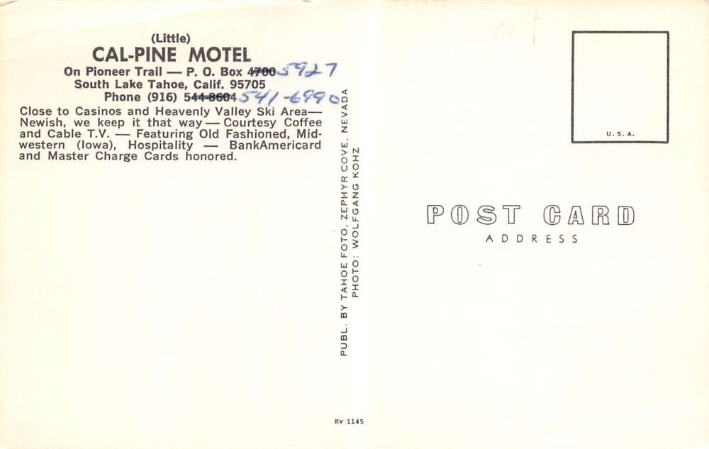 Handschrift gebouw Verdeel South Lake Tahoe California Cal-Pine Motel Exterior, Color Photochrome PC  U3049 - Mary L. Martin Ltd. Postcards