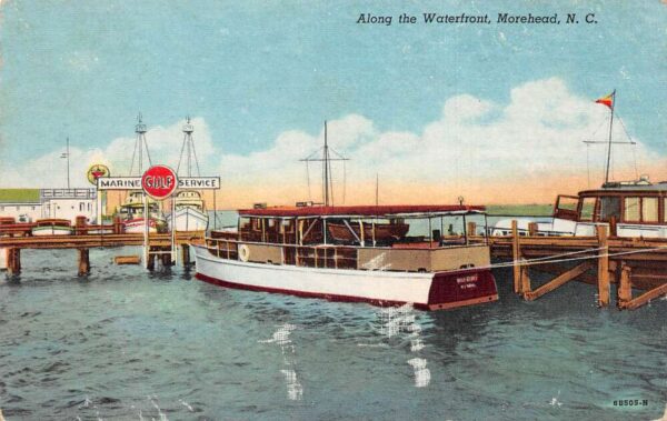 Morehead North Carolina Along The Waterfront Gulf Gas Sign Vintage PC U3343