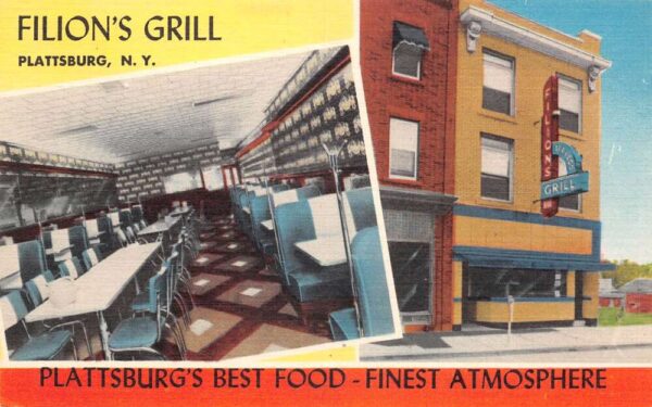 Plattsburg New York Filion's Grill Multi-View Linen Vintage Postcard U3355