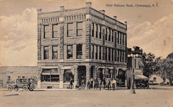 Chateaugay New York First National Bank Exterior, Sepia Tone Lithograph PC U3387