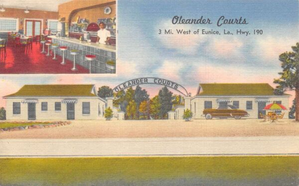 Eunice Louisiana Oleander Courts & Restaurant Multi-View Linen Vintage PC U3435