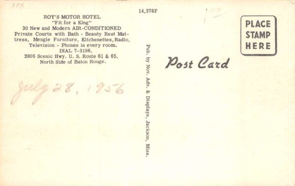 Baton Rouge Louisiana Roy's Motor Hotel Gulf Gas Sign Vintage Postcard U3437 - Image 2