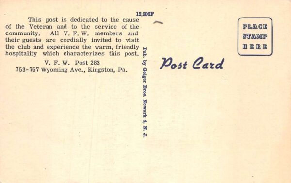 Kingston Pennsylvania V.F.W. Post 283, Interior & Exterior Vintage PC U3446 - Image 2