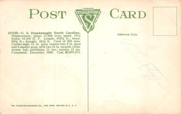 New York New York U.S. Dreadnaught " South Carolina" Vintage Postcard U3476 - Image 2