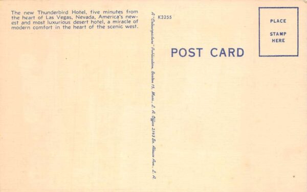 Las Vegas Nevada The Thunderbird Hotel Exterior, Color Linen Vintage PC U3496 - Image 2