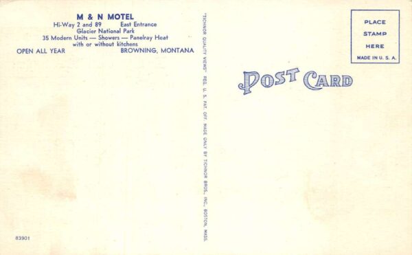 Browning Montana M & N Motel Exterior, Color Linen Vintage Postcard U3503 - Image 2
