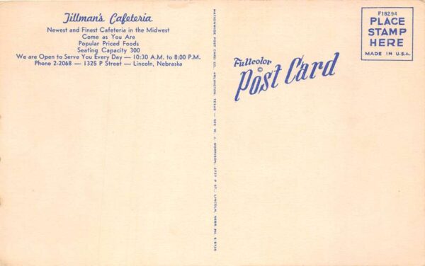 Lincoln Nebraska Jillman's Cafeteria Multi-View Linen Vintage Postcard U3505 - Image 2