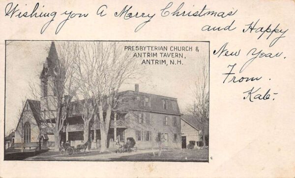 Antrim New Hampshire Presbyterian Church & Antrim Tavern B/W Lithograph PC U3506