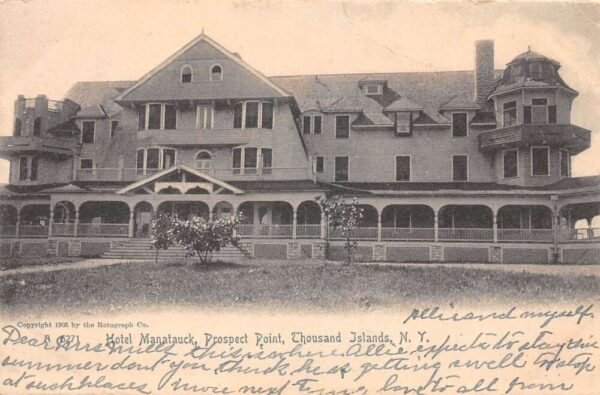 Thousand Islands New York Hotel Manatauck, Prospect Point B/W Lithograph PC U3532