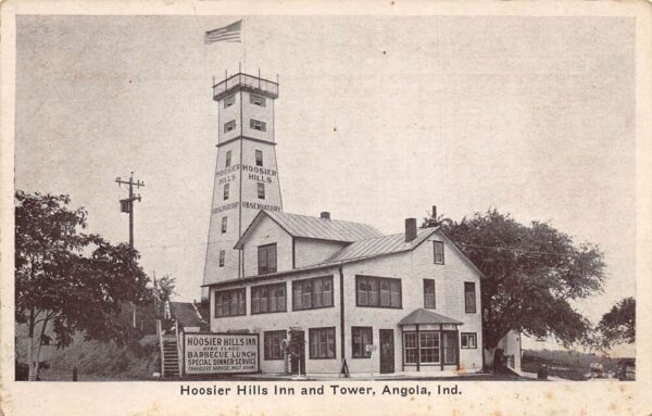 Angola Indiana Hoosier Hills Inn & Tower, B/W Photo Litho. PC U3549