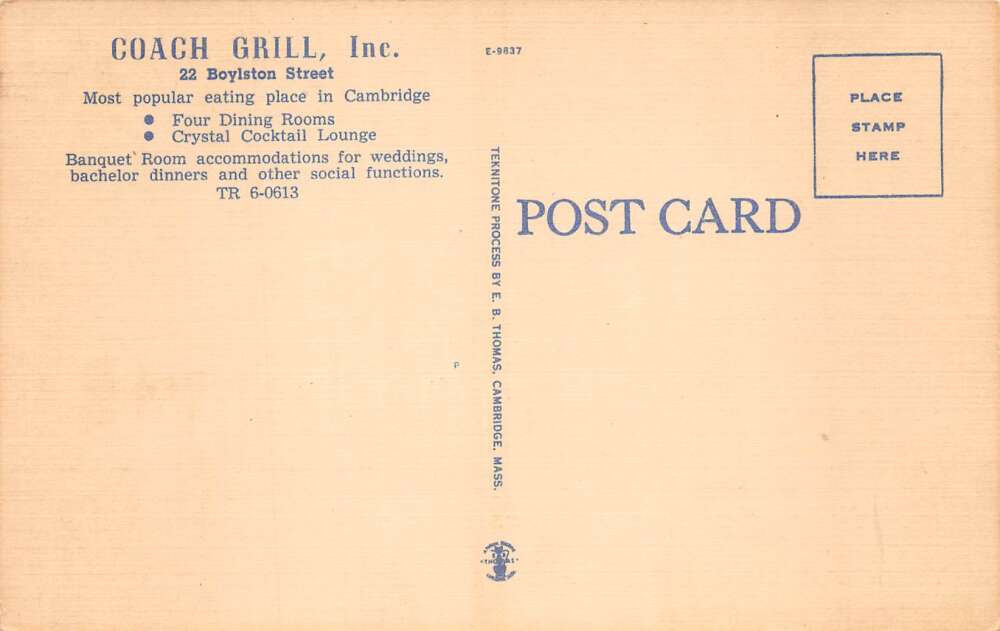Cambridge Massachusetts Coach Grill Multi-View Linen Vintage Postcard U3568  - Mary L. Martin Ltd. Postcards