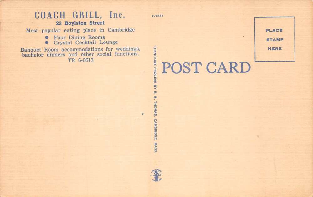 Cambridge Massachusetts Coach Grill Multi-View Linen Vintage Postcard U3568 - Mary L. Martin Ltd. Postcards Cambridge Massachusetts Coach Grill Multi-View Linen Vintage Postcard U3568 - Mary L. Martin Ltd. Postcards