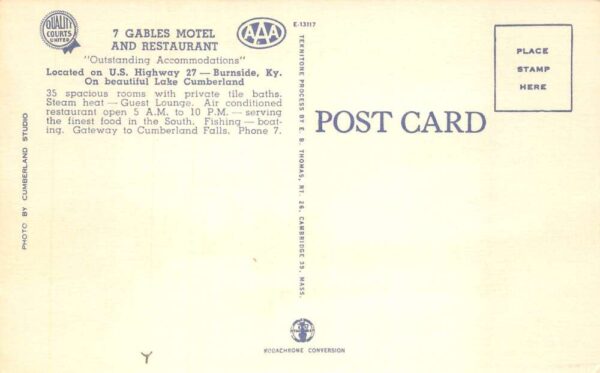 Burnside Kentucky 7 Gables Motel & Restaurant Multi-View Linen PC U3598 - Image 2