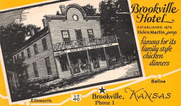 Brookville Kansas Brookville Hotel Illustration W/ Map Vintage Postcard U3607