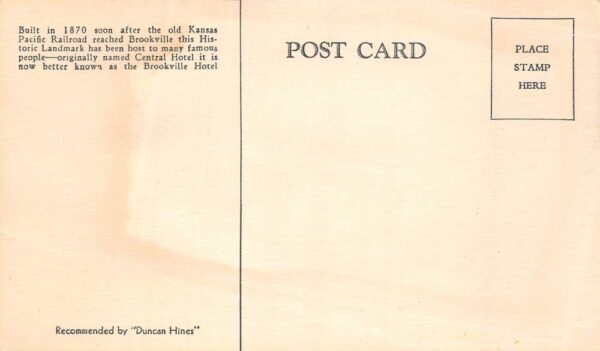 Brookville Kansas Brookville Hotel Illustration W/ Map Vintage Postcard U3607 - Image 2