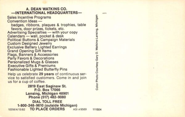 Lansing Michigan A. Dean Watkins Promotional Products Supplier Vintage PC U3622 - Image 2