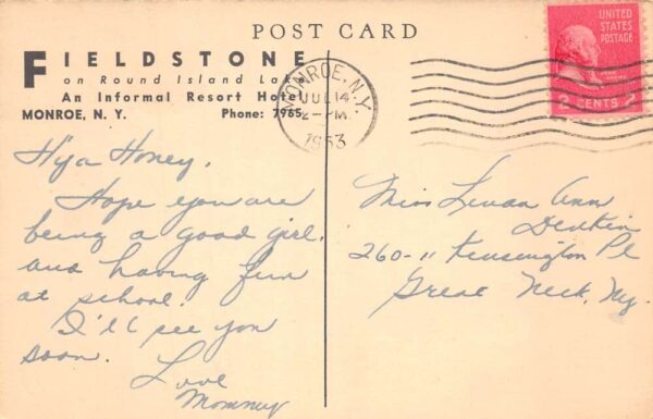 Monroe New York Fieldstone Resort Hotel on Round Island Lake Vintage PC U3625 - Image 2