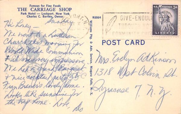 Lockport New York The Carriage Shop Restaurant At Park Hotel Vintage PC U3628 - Image 2