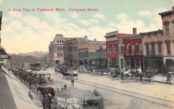 Ypsilanti Michigan Busy Day On Congress Street Hand Colored Lithograph PC U3639