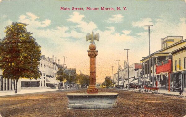 Mount Morris New York Main St. & Fountain Hand Colored Lithograph PC U3658