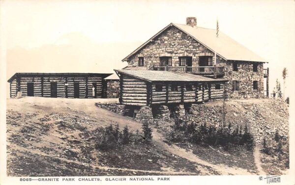 Glacier National Park Montana Granite Park Chalets, B/W Photo Litho. PC U3665