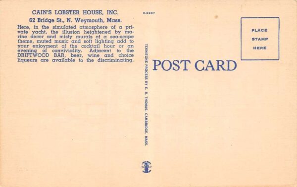 North Weymouth Massachusetts Cain's Lobster House Multi-View Linen PC U3685 - Image 2