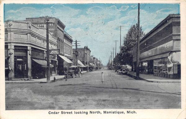 Manistique Michigan Cedar Street Looking North Ford Sign, Sky Tint PC U3686
