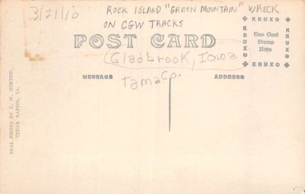 Gladbrook Iowa Rock Island Green Mt Train Wreck Real Photo Postcard AA65378 - Image 2