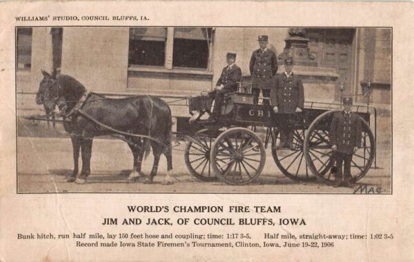 Council Bluffs Iowa World's Champio Fire Team Hose Wagon Postcard AA65392