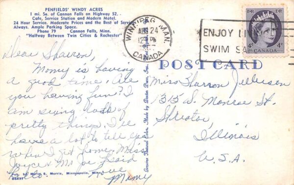 Cannon Falls Minnesota Penfields Windy Acres Motel Vintage Postcard AA65435 - Image 2