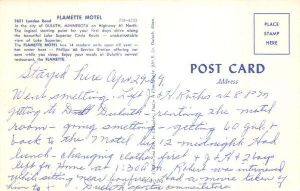 Duluth Minnesota Flamette Motel Vintage Postcard AA65439 - Image 2