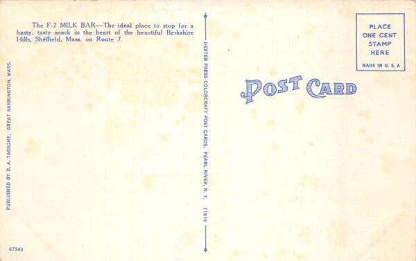 Sheffield Massachusetts The F-2 Milk Bar Linen Vintage Postcard AA65445 - Image 2