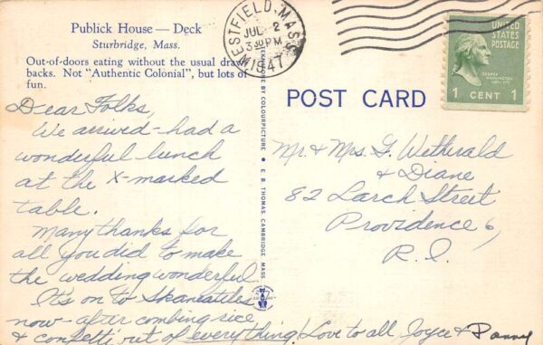 Sturbridge Massachusetts Publick House Deck Dining Room Postcard AA65455 - Image 2