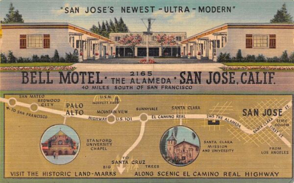 San Jose California Bell Motel El Camino Highway Landmarks Map Postcard AA65476