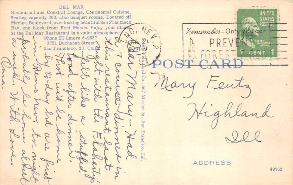 San Francisco California Del Mar Restaurant Dining Room Vintage Postcard AA65478 - Image 2