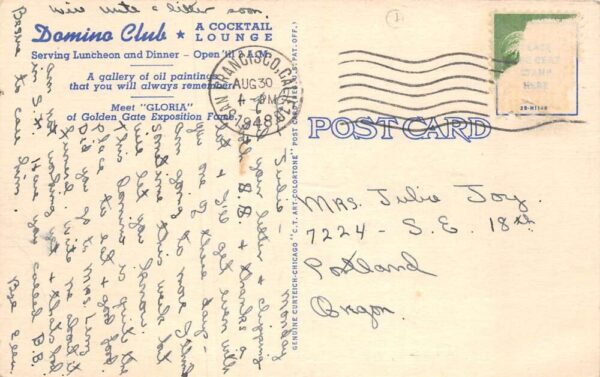 San Francisco California Domino Club Lounge "Meet Gloria" Postcard AA65479 - Image 2