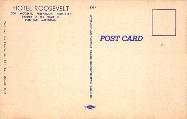 Pontiac Michigan Hotel Roosevelt Fiesta Bar and Dining Room Postcard AA65487 - Image 2