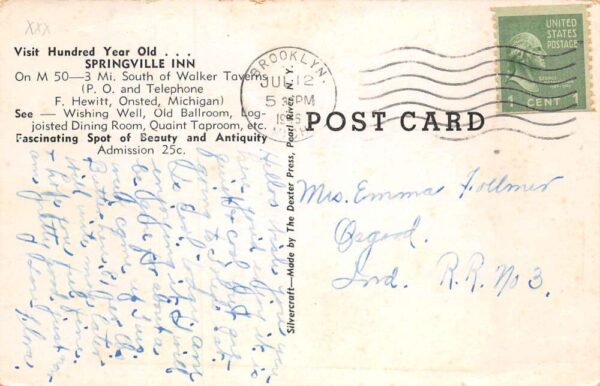 Onsted Michigan Old Springville Inn Vintage Postcard AA65496 - Image 2