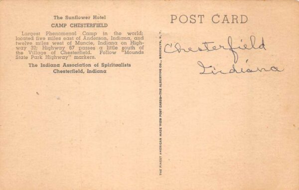 Chesterfield Indiana Camp Chesterfield Sunflower Hotel Vintage Postcard AA65527 - Image 2