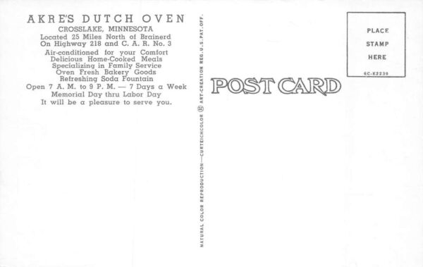 Crosslake Minnesota Akre's Dutch Oven Restaurant Vintage Postcard AA65536 - Image 2