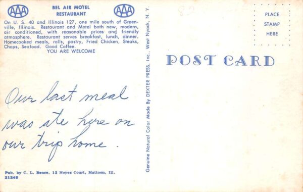 Greenville Illinois Bel Air Motel Restaurant Vintage Postcard AA65562 - Image 2