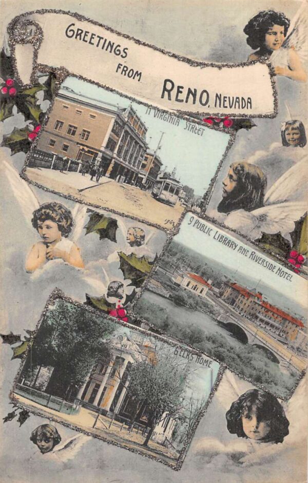 Reno Nevada Greetings Multiview Angels Glitter Street Scenes Postcard AA65640