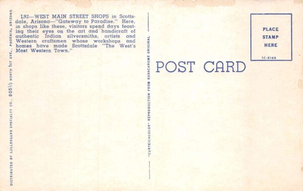 Scottsdale Arizona West Main Street Shops Vintage Postcard AA65709 - Image 2