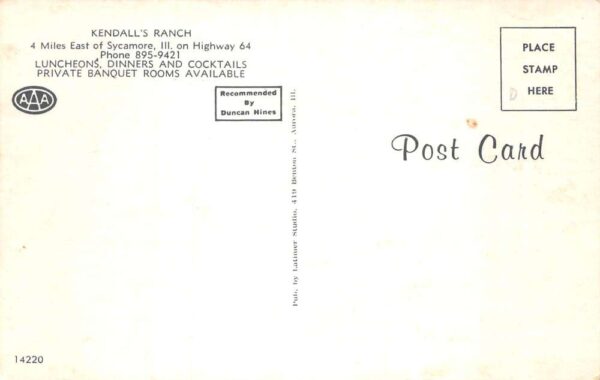 Sycamore Illinois Kendall's Ranch Restaurant Vintage Postcard AA65710 - Image 2
