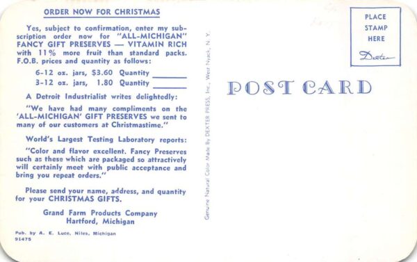 Hartford Michigan Gift Preserves Fruit Jams Food Adv Vintage Postcard AA65716 - Image 2