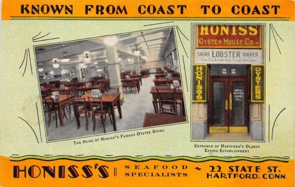 Hartford Connecticut Honiss's Oyster House Restaurant Vintage Postcard AA65753