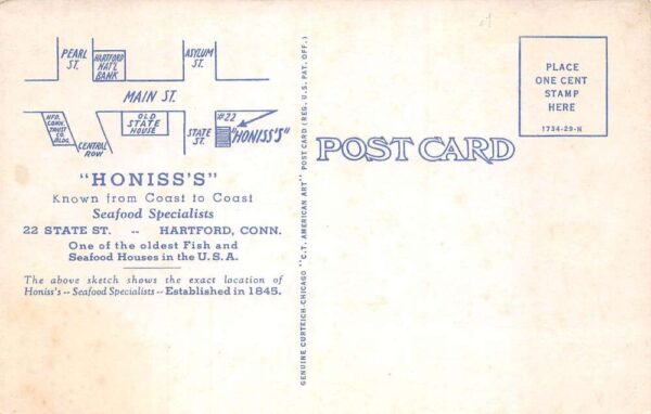 Hartford Connecticut Honiss's Oyster House Restaurant Vintage Postcard AA65753 - Image 2