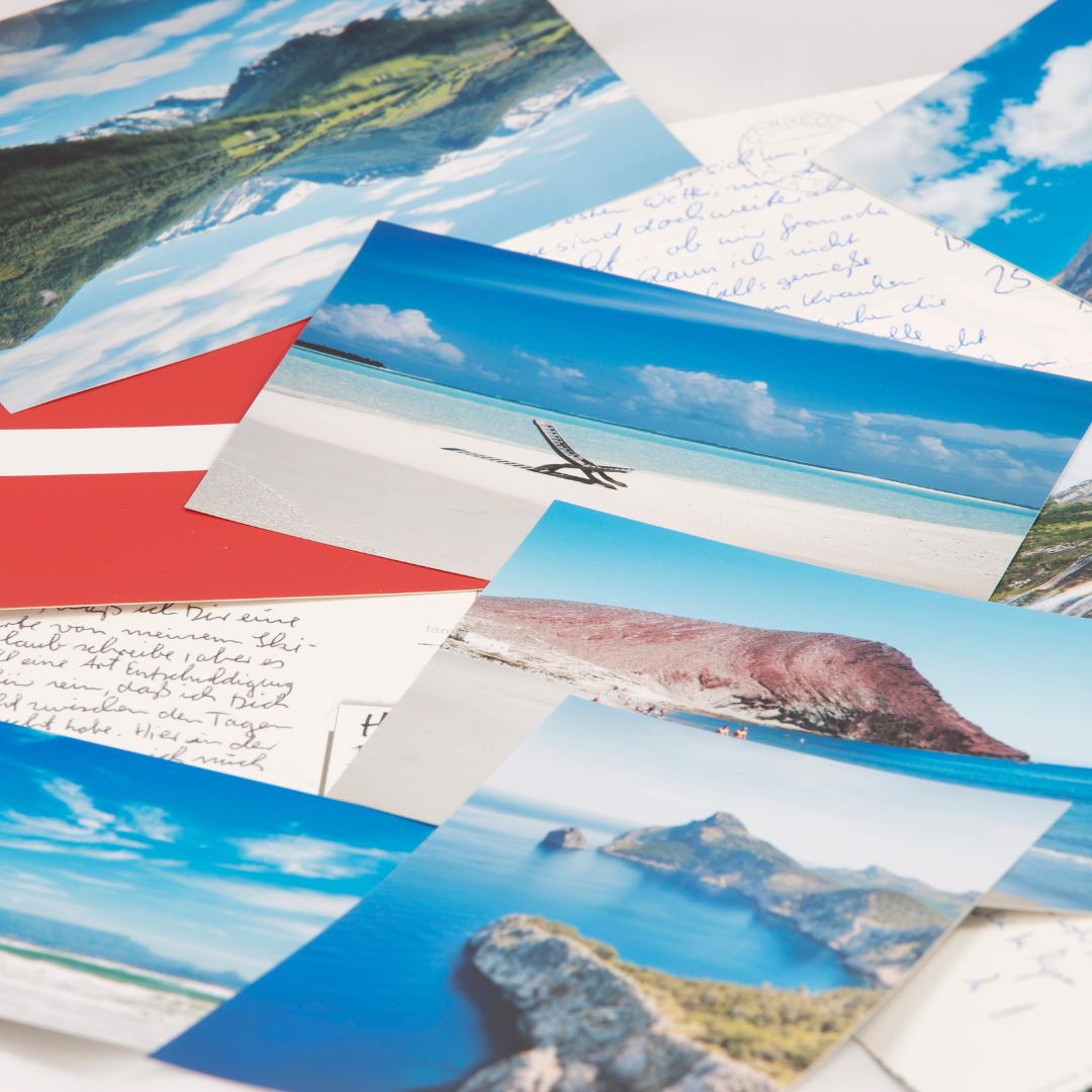 Postcards spread on a table