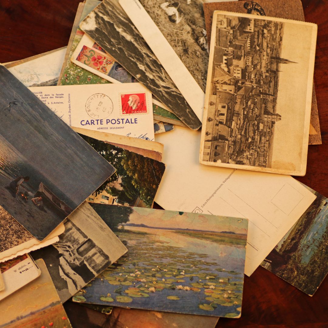 postcards on table